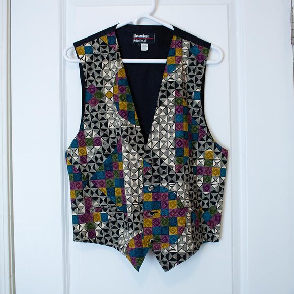 VTG Geometric Colorful Quilted Prom Vest 90s Funky Formal | Dark Winter - Picture 1 of 5